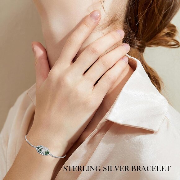 Sterling Silver Moss Agate Hexagon Bracelet for Women, Adjustable, Giftable - Picture 2 of 6